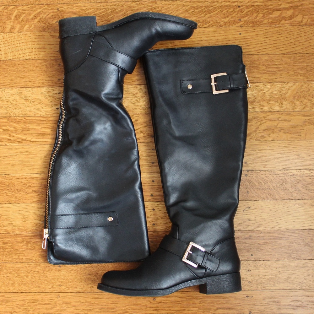 Forever 21 Tall Over The Knee Black Buckled Boots